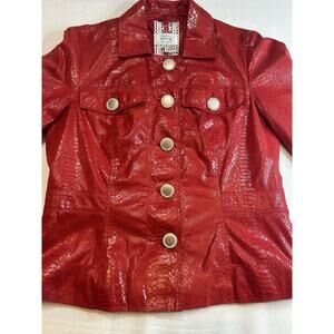 Just B Shiny‎ Red Metallic Jacket w/Decorative Buttons Small Snakeskin Print